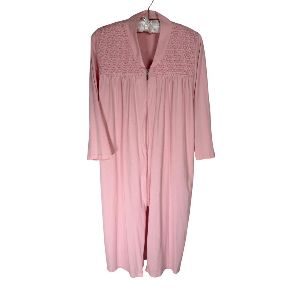 Cuddledown 100% Pima Cotton Smocked Zip Front Long Robe Housecoat Large Pockets